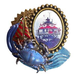 Vintage Nautical Blue Crab Lighthouse Brooch Brass Sailboat Beach Coastal Cruise